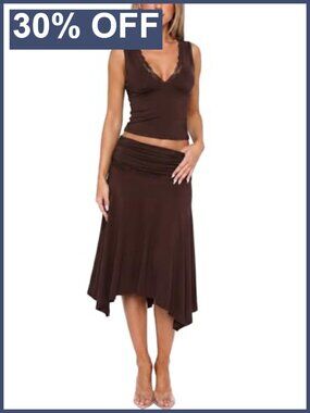 Women's 2 Piece Lace Trim Midi Skirt Set V Neck Tank Top Ruched Waist Summer